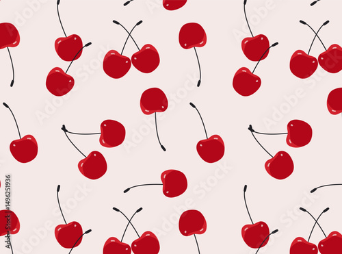 Seamless pattern with cherries. Red ripe cherries are randomly distributed on a light background. Print with juicy cherries. For printing on paper, fabric, packaging, textiles, home decor, surfaces