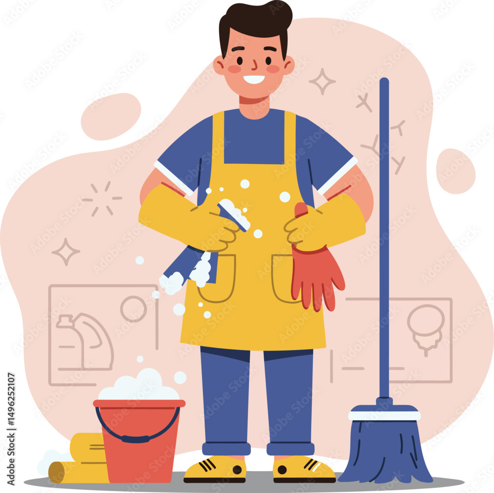 Fototapeta premium Male janitor cleaning with mop bucket and spray bottle in yellow apron vector illustration 