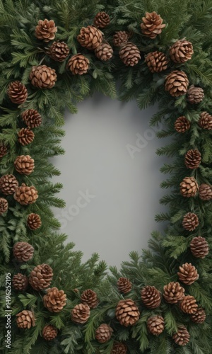 Dense fir boughs interwoven with abundant pine cones, creating a festive winter frame ,  border,  needle