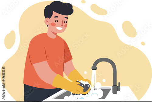 Man washing hands thoroughly with soap at sink in home hygiene routine vector illustration 