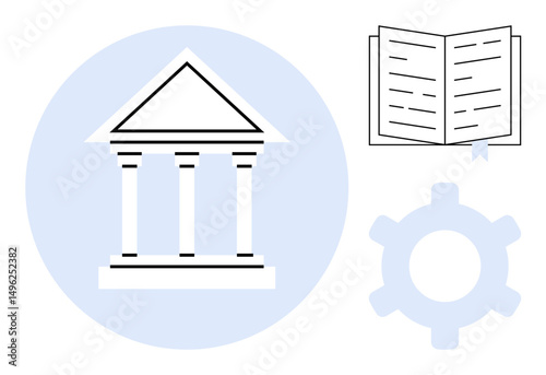Three-pillar building, open book with bookmark, and gear indicating governance, education, and systems. Ideal for government, law, education, administration policymaking processes and reform