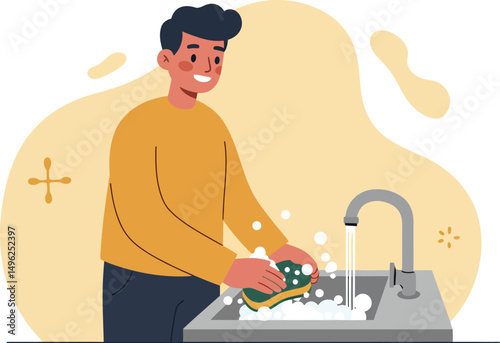 Man washing dishes at kitchen sink with soap and water in casual home setting vector illustration 