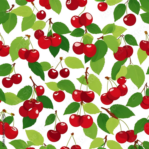 Cherries and leaves seamless repeat pattern background