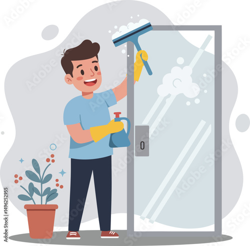 Man cleaning glass door with squeegee and spray bottle at home or office vector illustration 