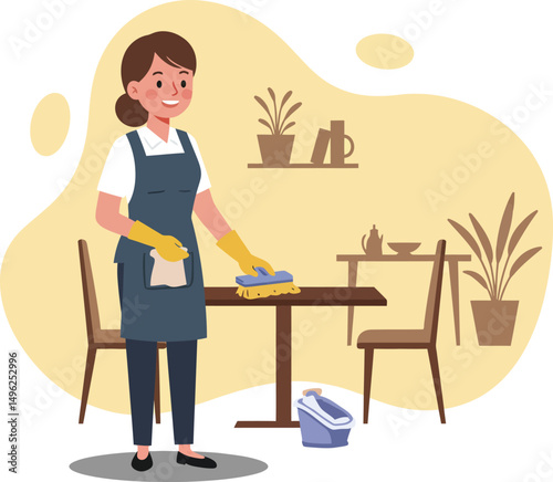 Woman cleaning table in cafe or restaurant with yellow gloves and blue apron in indoor setting vector illustration 
