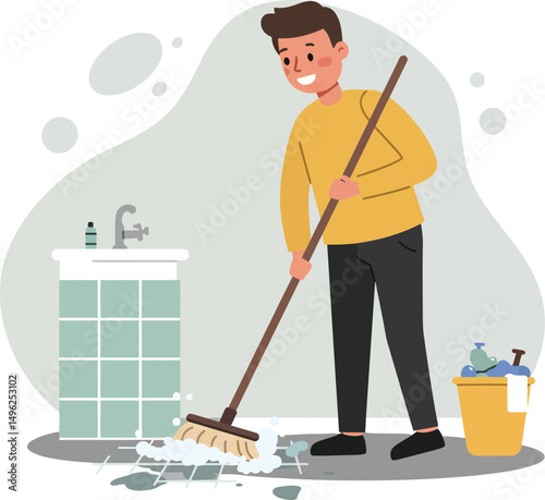 Man cleaning floor with broom and bucket in home environment vector illustration 