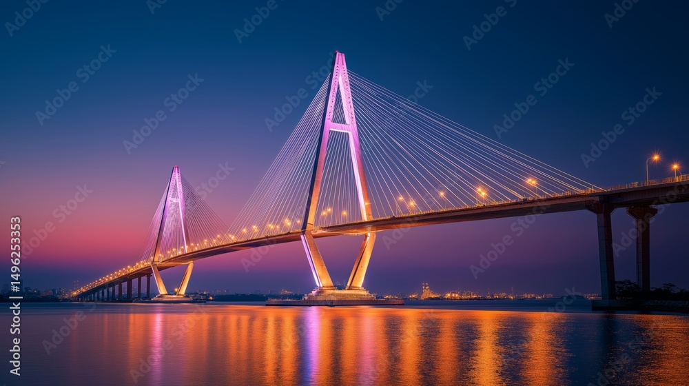 Naklejka premium Bridge of Lights: A modern cable-stayed bridge illuminates the night sky, showcasing its graceful arch and intricate design, reflecting a vibrant tapestry of colors onto the tranquil waters below.