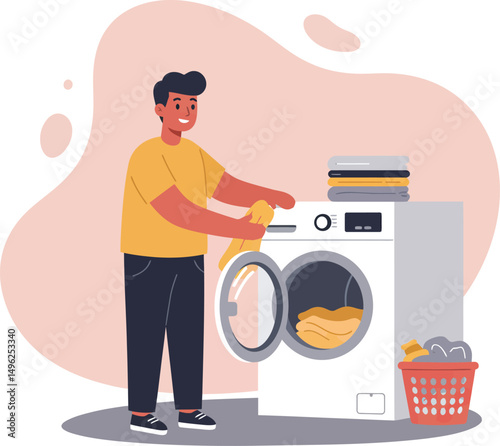 Man Doing Laundry Using Front Load Washing Machine Home Chores Daily Routine Vector Illustration 