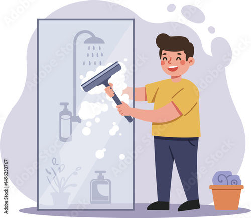 Man Cleaning Glass Shower Door with Squeegee in Bathroom Illustration for Home Chores and Hygiene 