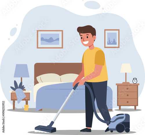 Man Vacuuming Bedroom Floor Cleaning Housework Domestic Chores Routine Activity Illustration 