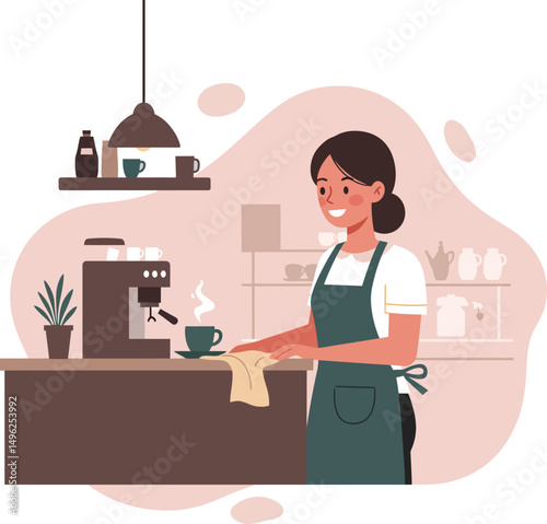 Barista preparing coffee at cafe counter in apron with coffee machine and cup vector illustration 