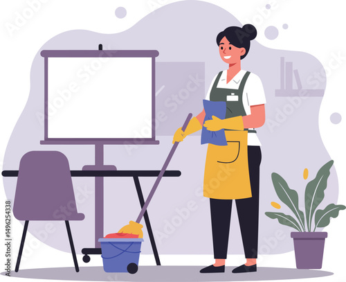 Woman janitor mopping floor in office with mop bucket and cleaning cloth vector illustration 