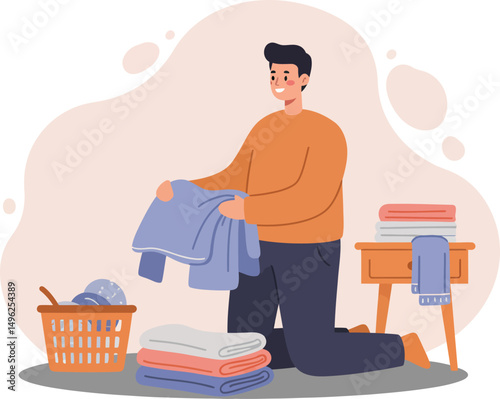 Man folding laundry at home with basket and table in casual clothes domestic scene vector illustration 