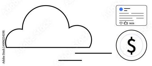 Cloud with dynamic lines, social media interface displaying engagement metrics, and a dollar icon. Ideal for technology, social platforms, digital marketing, analytics, finance, SaaS simple landing