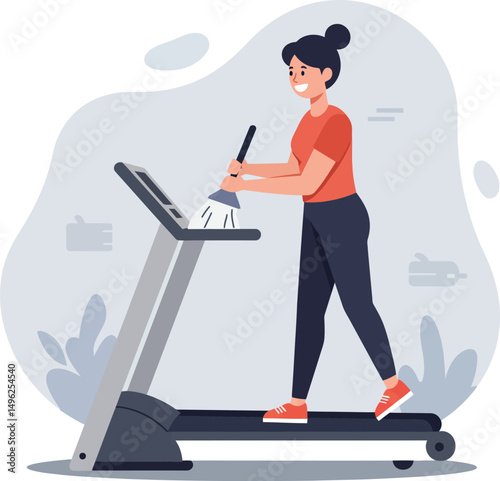 Woman Cleaning Treadmill Machine in Gym Fitness Center with Exercise Equipment Vector Illustration 
