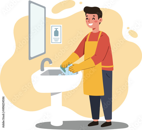 Man washing hands in sink with apron and gloves cleaning practice vector illustration 