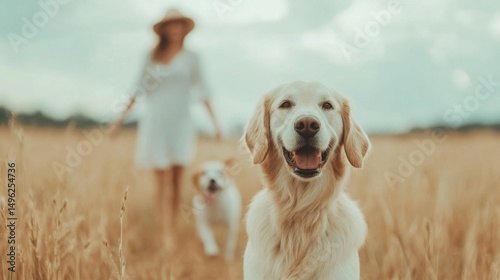 A woman in a white dress is spinning with outstretched arms in a lush golden meadow while her beloved dog runs playfully around her embodying a sense of pure freedom and unbridled happiness photo