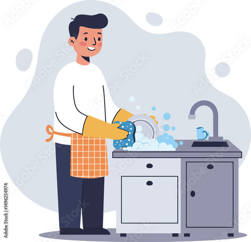 Man washing dishes in kitchen with gloves and towel cleaning sink area vector illustration 