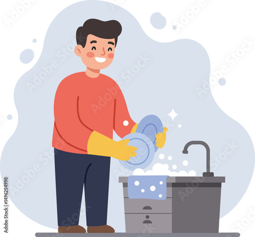Man washing dishes with yellow gloves at kitchen sink smiling in casual lifestyle scene vector illustration 