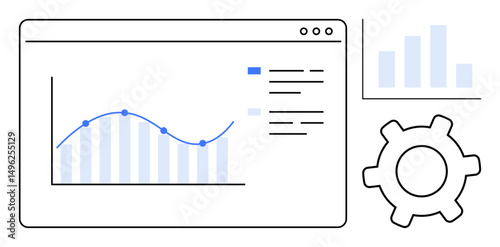 Data visualization with a line graph, bar chart, and gear icon representing optimization, analysis, and systems. Ideal for data analytics, business overview, strategy, optimization technology