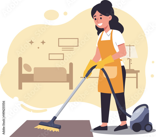 Woman vacuuming carpet in living room with vacuum cleaner household cleaning activity vector illustration 