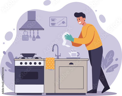 Man washing dishes in kitchen with stove and sink in cozy home interior vector illustration