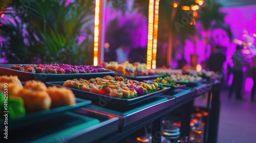 Elegant Buffet Table with Delicious Food at Night Event