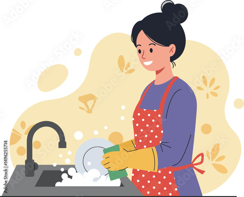Woman washing dishes with gloves and red apron in kitchen sink vector illustration 