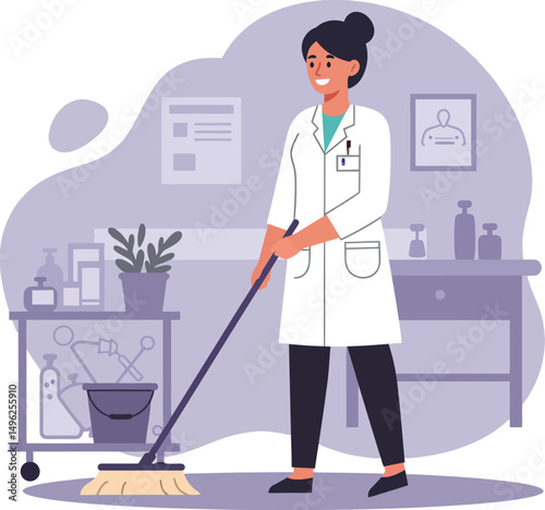 Female scientist cleaning laboratory floor with mop in white coat vector illustration 