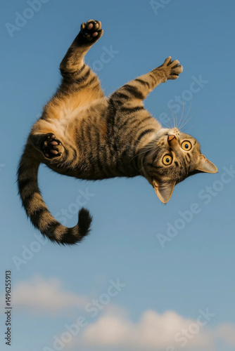 Cat flipping against blue sky