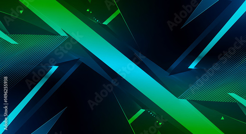 An abstract background with sharp, glowing green and blue geometric shapes, ideal for technology, gaming, futuristic concepts, or dynamic presentation visuals.