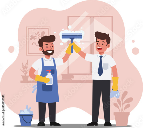 Two men cleaning office window with squeegee and spray bottle teamwork concept vector illustration 