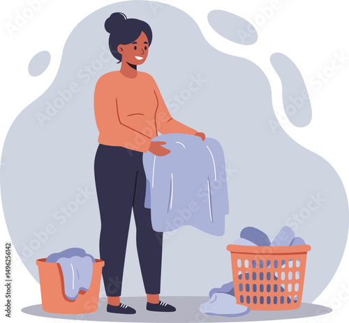 Woman folding laundry at home with baskets of clothes daily chores and household routine illustration 