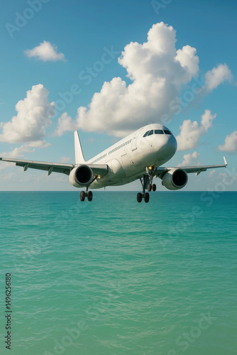 Airplane flying over turquoise ocean
