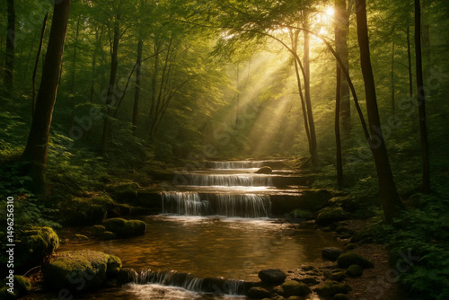 Forest river with sunlight and fog