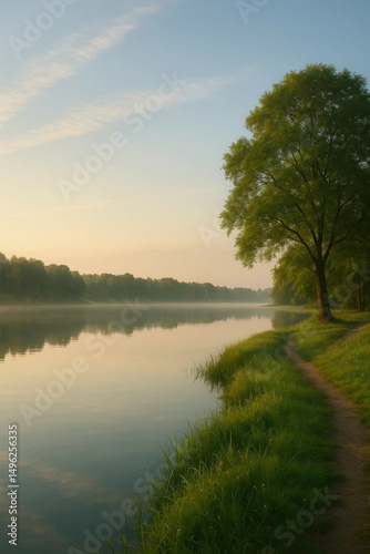 Riverbank at sunrise with tree