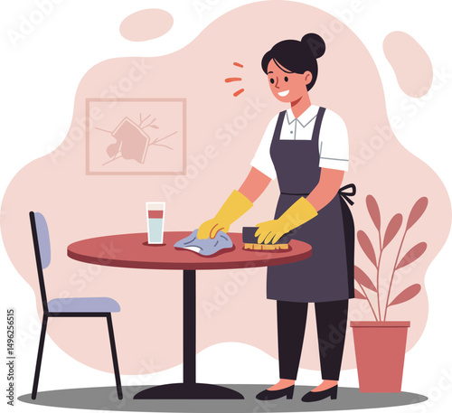 Woman cleaning table in cafe with yellow gloves and apron in casual lifestyle scene