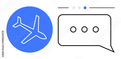 Airplane icon paired with speech bubble and dots, representing communication, travel planning, online chat, or customer support. Ideal for aviation, communication, travel, tech services messaging