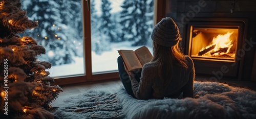 Woman reading by fireplace in snowy landscape