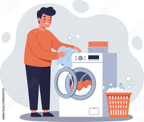 Man Doing Laundry Using Washing Machine with Basket of Clothes and Soap Bubbles Household Chores Vector Illustration 