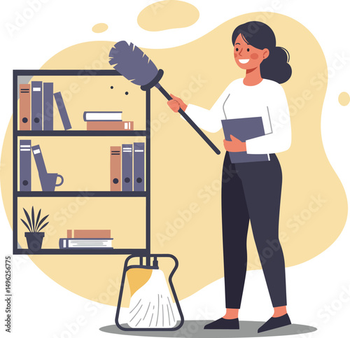 Woman cleaning bookshelf with duster and holding book in tidy room vector illustration 