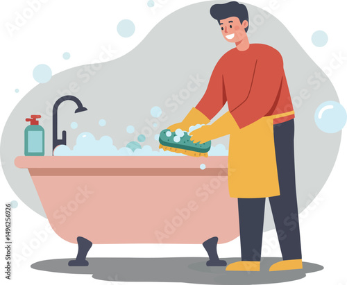 Man cleaning bathtub with brush and soap bubbles in bathroom interior vector illustration 