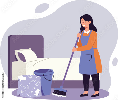 Woman in apron cleaning bedroom floor with broom and bucket in tidy home environment vector illustration 