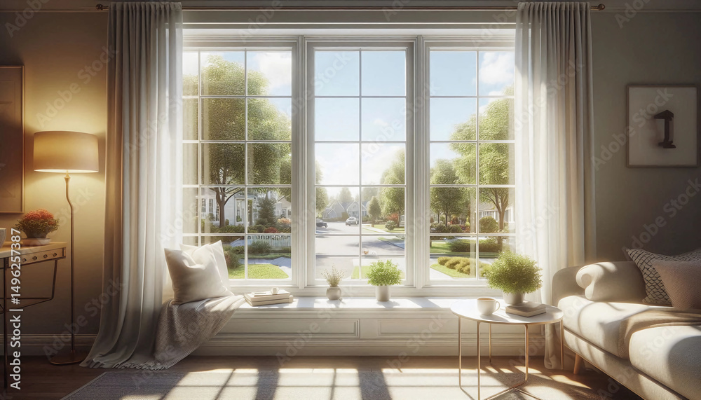 Fototapeta premium Cozy Morning Scene by Large Window with White Curtains, Potted Plant, Coffee Cup, and Peaceful View of Green Front Yard and Quiet Street