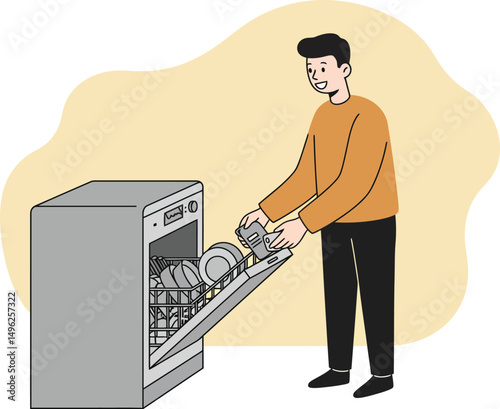 Man loading dishwasher with clean dishes in kitchen household chore vector illustration 