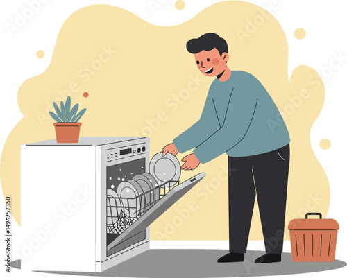 Man Loading Dishwasher with Plates in Kitchen Interior Vector Illustration for Household Chores and Daily Routine 