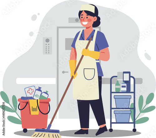 Female janitor cleaning hallway with mop and cart full of cleaning supplies in uniform and gloves