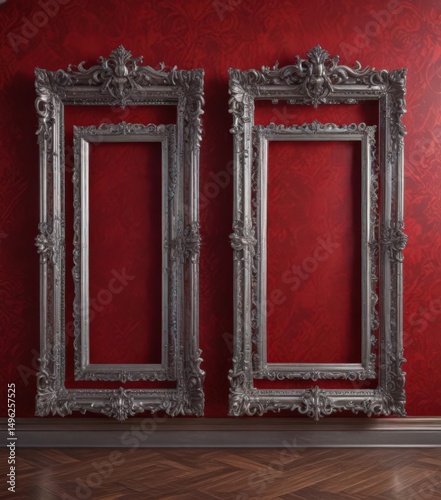 Intricate silver frames against crimson damask  ,  vintage, silver frames