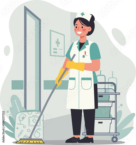 Nurse cleaning hospital floor with mop and cart in medical facility vector illustration 