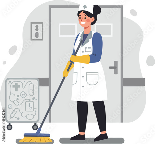 Female nurse janitor cleaning hospital floor with mop in corridor vector illustration